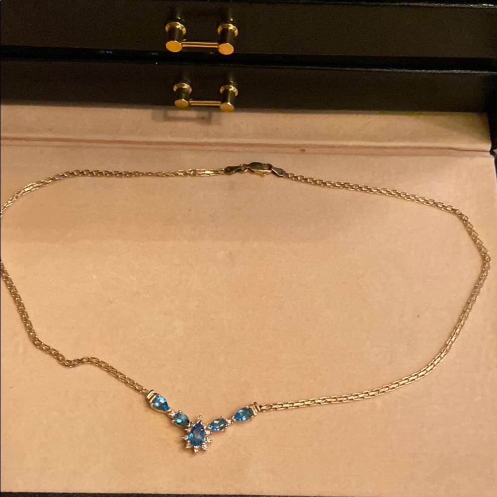 Dazzling Blue Topaz and Diamonds 14K Gold Necklace. Barely worn.